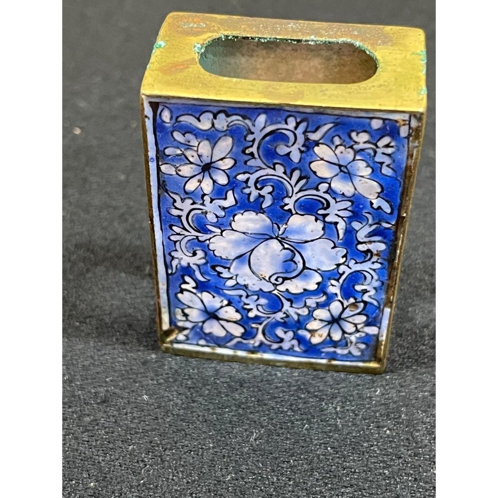 Antique Chinese Cloisonne Enamel Matchbox Blue With White Floral